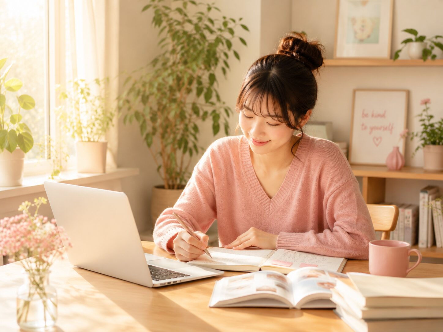 女性が自宅でノートパソコンとノートを広げ、一人で楽しそうに集中して作業しています。