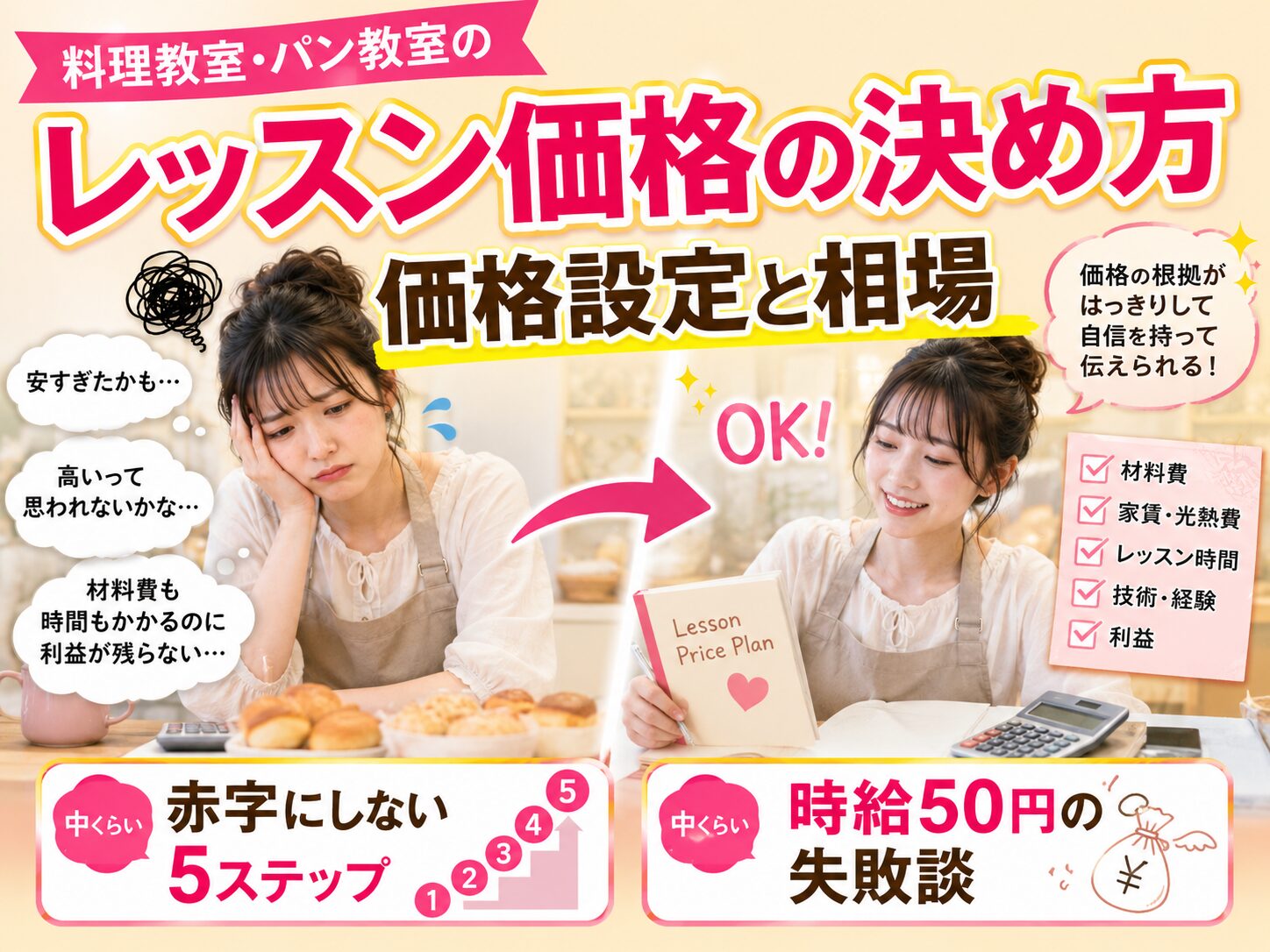 Bright ad showing a worried woman on the left and a smiling woman on the right holding a 'Lesson Price Plan' booklet, promoting pricing tips.