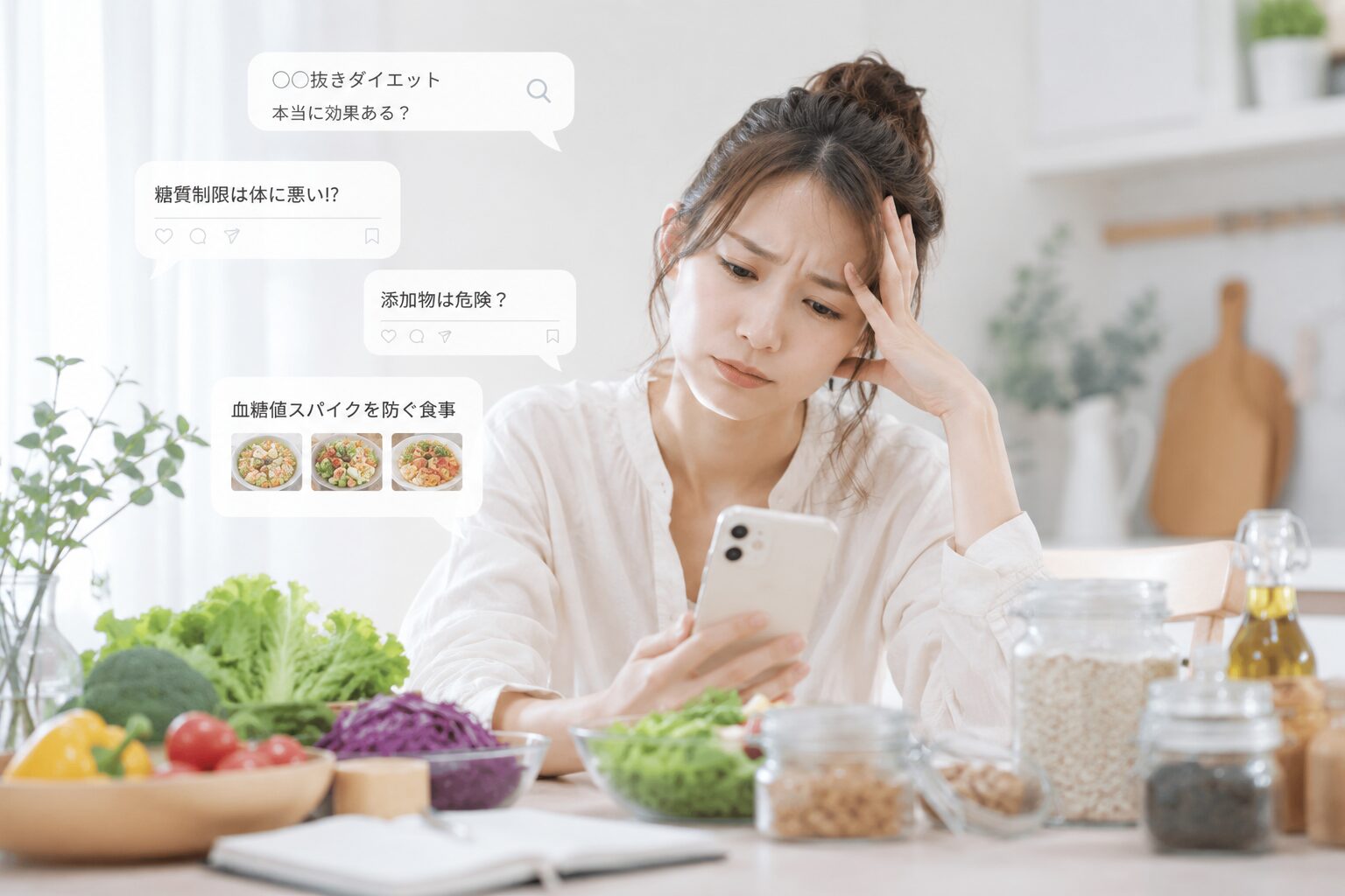 スマホを見つめる女性が、ダイエット情報の吹き出しコメントを読んでいる。テーブルには野菜が並ぶキッチンの場面。