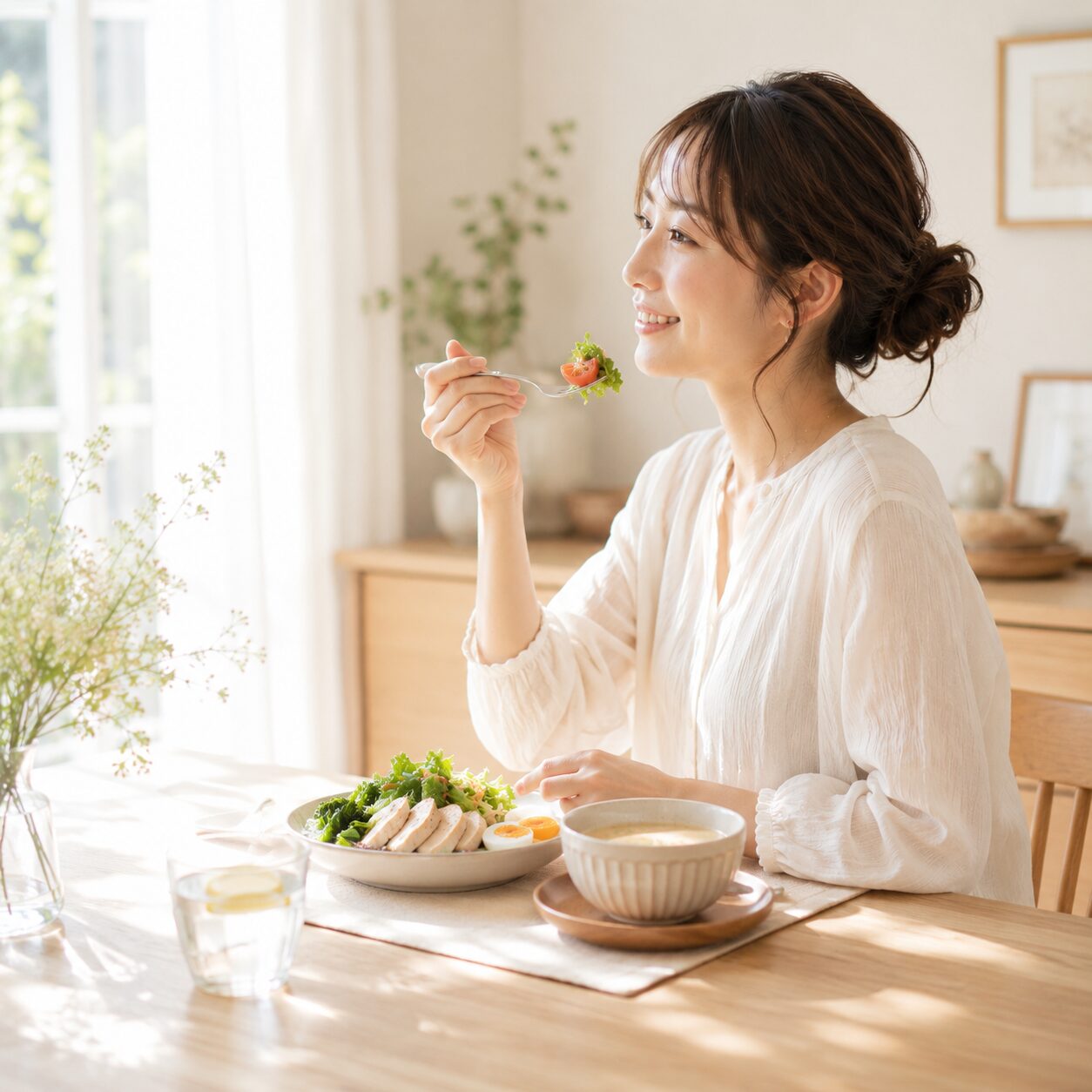 Woman sitting at a sunlit dining table, eating a healthy salad with a fork, smiling gently at her meal.