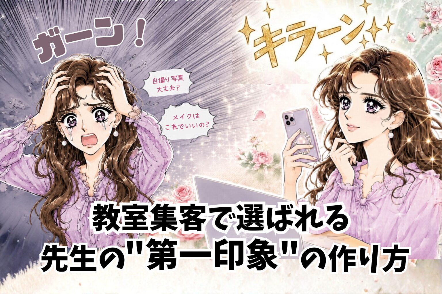 Manga-style scene with two women in pink blouses; left one distressed, pulling her hair, right one calm and holding a smartphone; sparkly backdrop and bold Japanese text overlay.