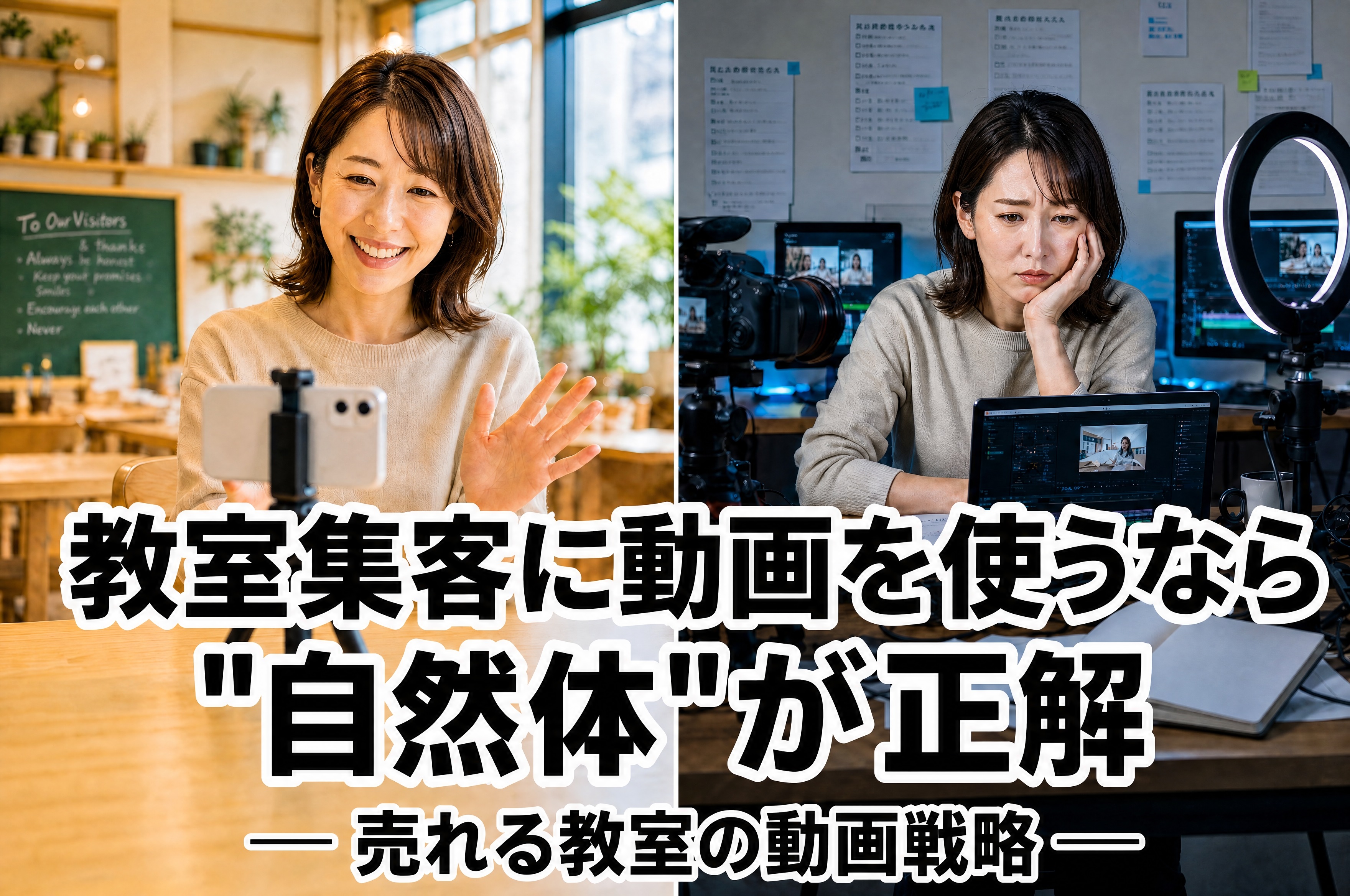 Split image: left woman smiling at a phone on a tripod in a bright cafe; right woman looking thoughtful at a laptop with ring light and cameras, working on video production, with bold Japanese text overlay
