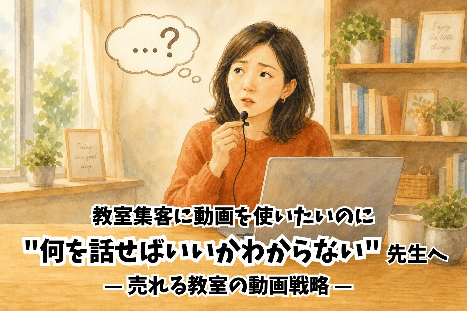 Illustration of a woman wearing a headset microphone at a laptop in a cozy home office, appearing thoughtful; a video thumbnail about teaching-studio video strategy.