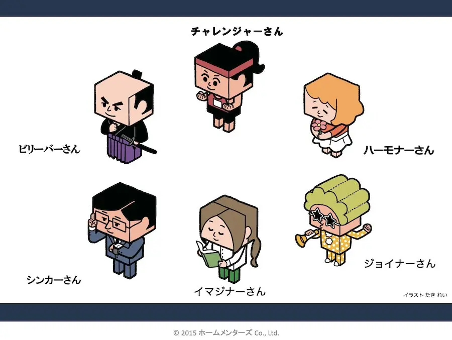 Six cube-headed characters arranged in two rows with Japanese names: ビリーバーさん, チャレンジャーさん, ハーモナーさん (top); シンカーさん, イマジナーさん, ジョイナーさん (bottom).
