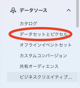 データソースのサイドメニュー。現在は“データセットとピクセル”が赤い円で囲まれて強調されている。