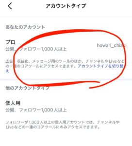 アカウントタイプ設定画面。プロアカウントの説明文が表示され、公開フォロワー1,000人以上などの機能が説明されている（赤い円で強調）
