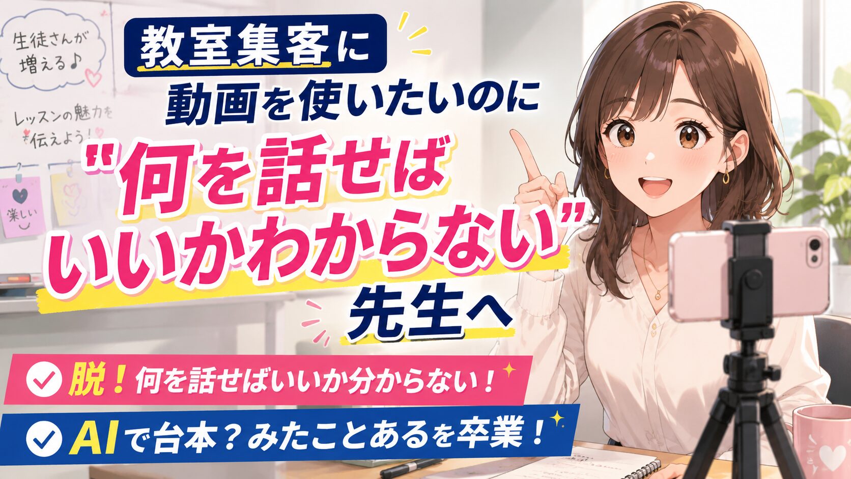 Anime-style woman records herself at a desk with a pink smartphone on a tripod; bold Japanese banners adorn the background.
