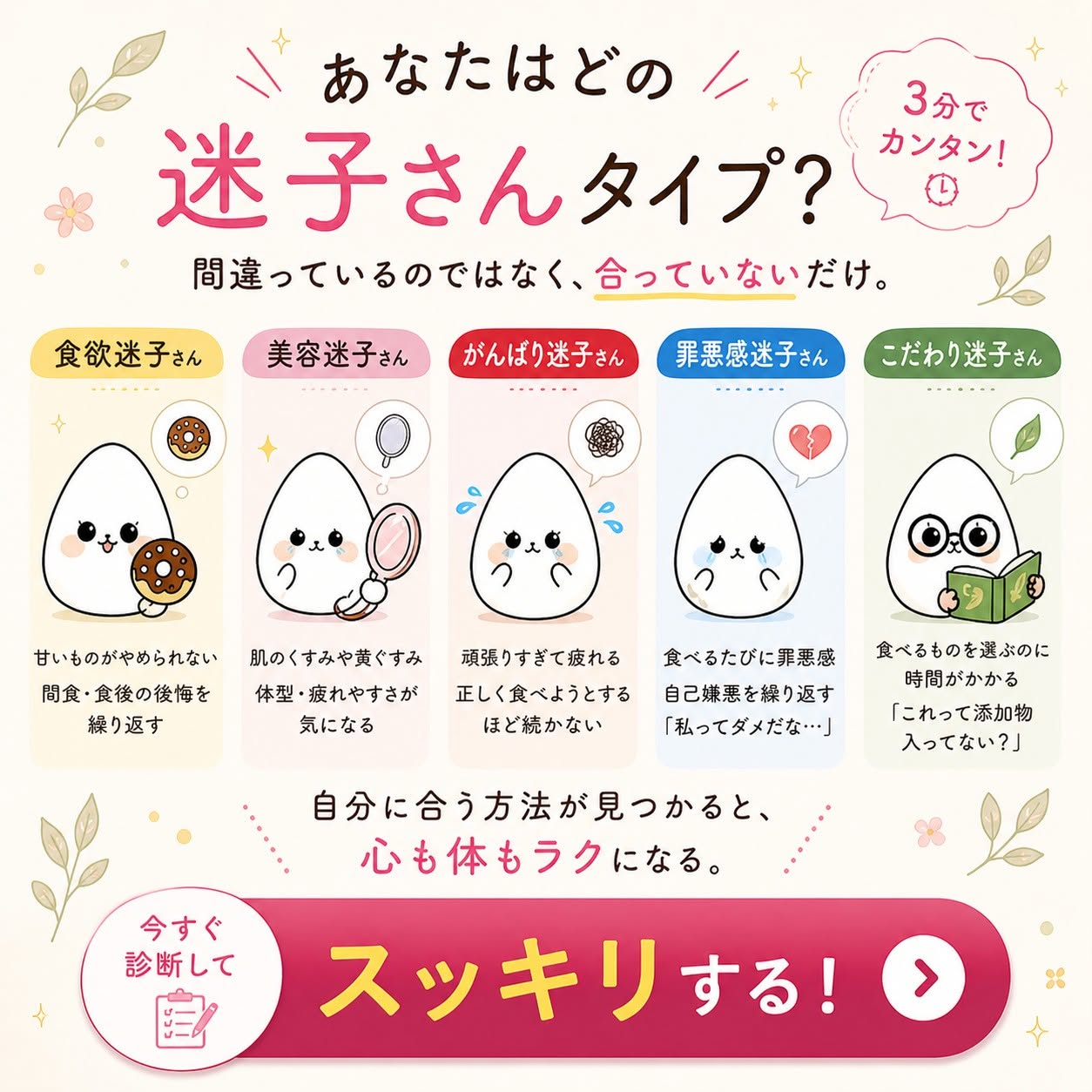 ビューティー米粉診断|タイプ別診断 | ヘルシーライフデザイン協会【株式会社dreamin】 Cute illustration showing five “迷子さんタイプ” (lost-child types) characters with labels: 食欲迷子, 美容迷子, がんばり迷子, 罪悪感迷子, こだわり迷子; each with a small related icon and caption.