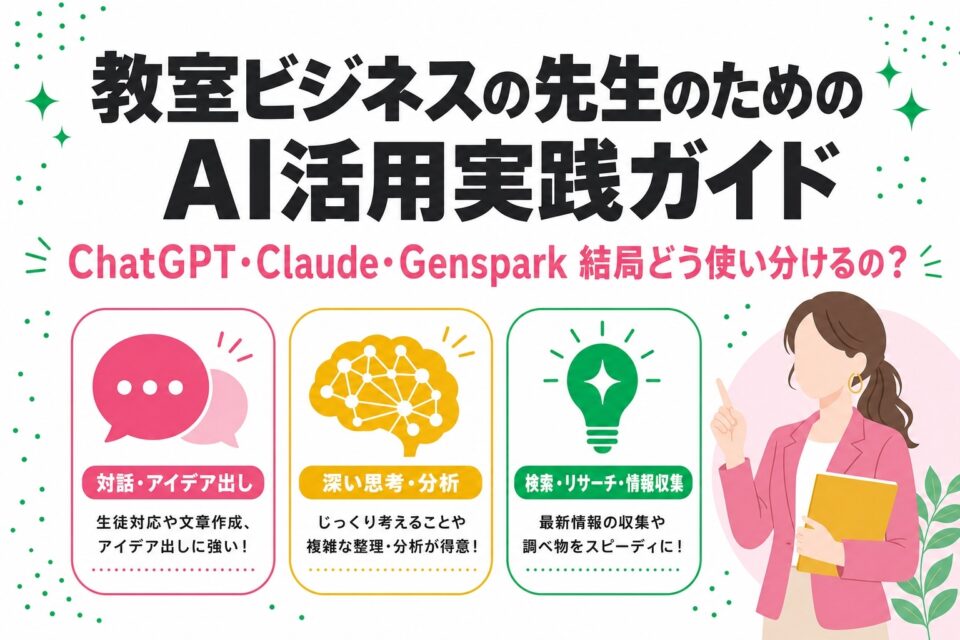 AI活用実践ガイド|教室運営する先生のための実践ガイド | ヘルシーライフデザイン協会【株式会社dreamin】 Infographic banner in Japanese about an AI usage guide for classroom teachers, with three feature panels and a presenter on the right.