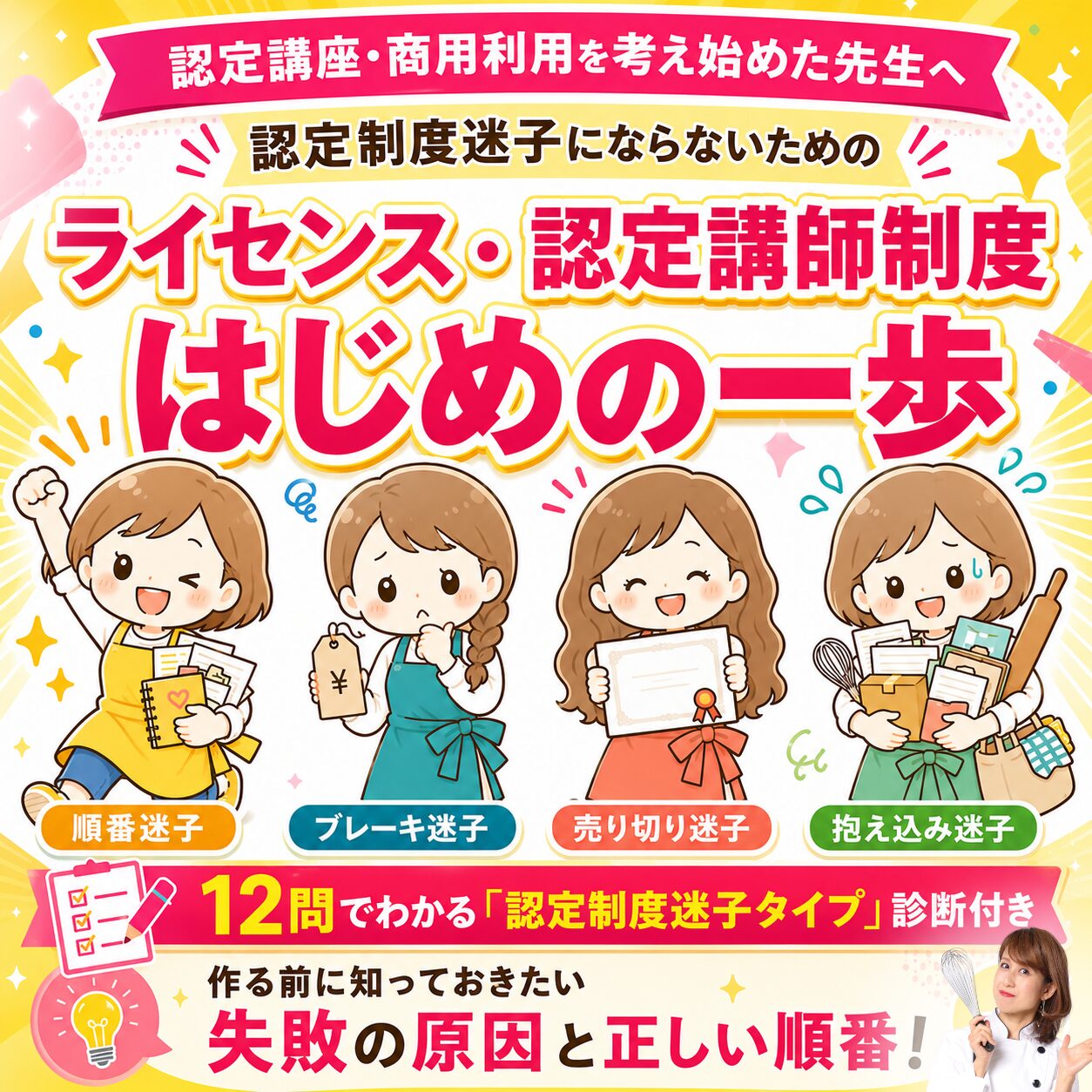 明るい日本語のポスター。『ライセンス・認定講師制度 はじめの一歩』と、4人の女性が順番迷子・ブレーキ迷子・売り切り迷子・抱え込み迷子を象徴しているデザイン。