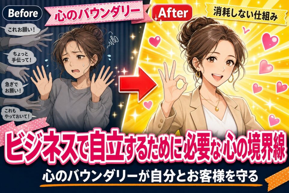 バウンダリー心の境界線|ビジネスで自立する女性起業家のマインドセット | ヘルシーライフデザイン協会【株式会社dreamin】 Before image: a worried woman surrounded by incoming hands and speech bubbles; After image: a confident woman smiling with an OK gesture against a bright yellow background with hearts; overall message: setting healthy boundaries in business.