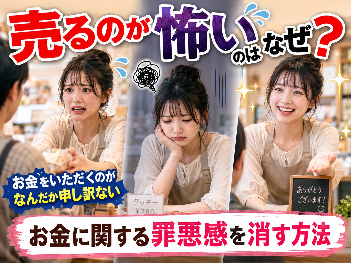 Three-panel image of a cheerful store cashier helping a customer on the left, the center panel shows her looking stressed, and the right panel shows her smiling again, with bold Japanese headlines about money and guilt underwater.